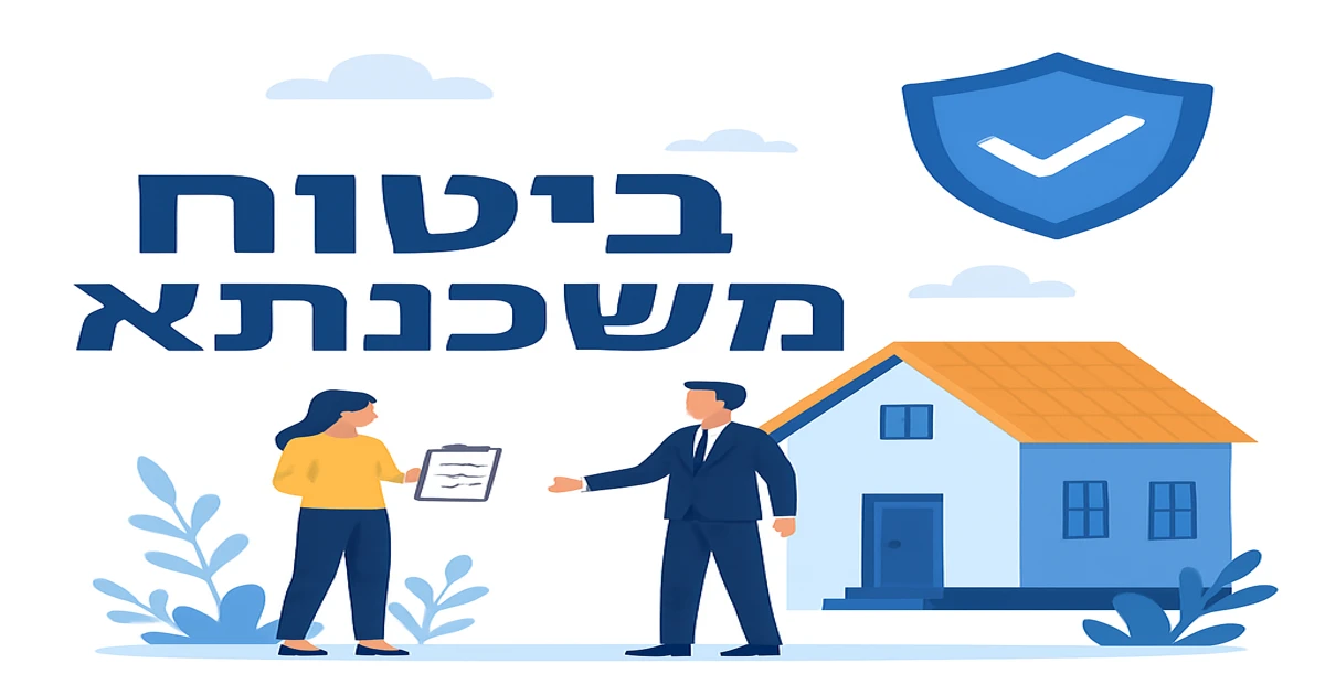 ביטוח משכנתא – איור של בית, מגן ביטוחי ואנשים מתייעצים על הגנה כלכלית