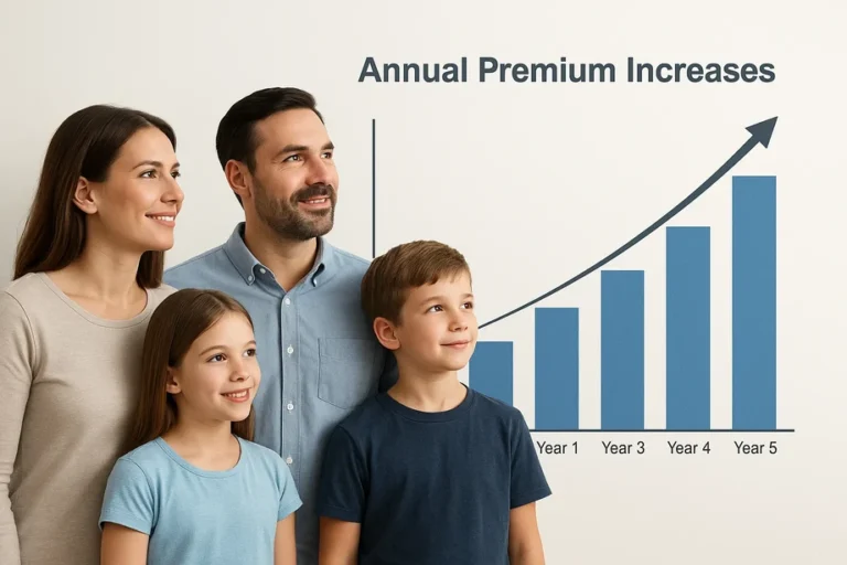 משפחה מביטה בגרף שמציג עלייה שנתית בפרמיות, כחלק מתהליך ביטוח חיים השוואה והמחשה לפערי עלויות בין חברות הביטוח.