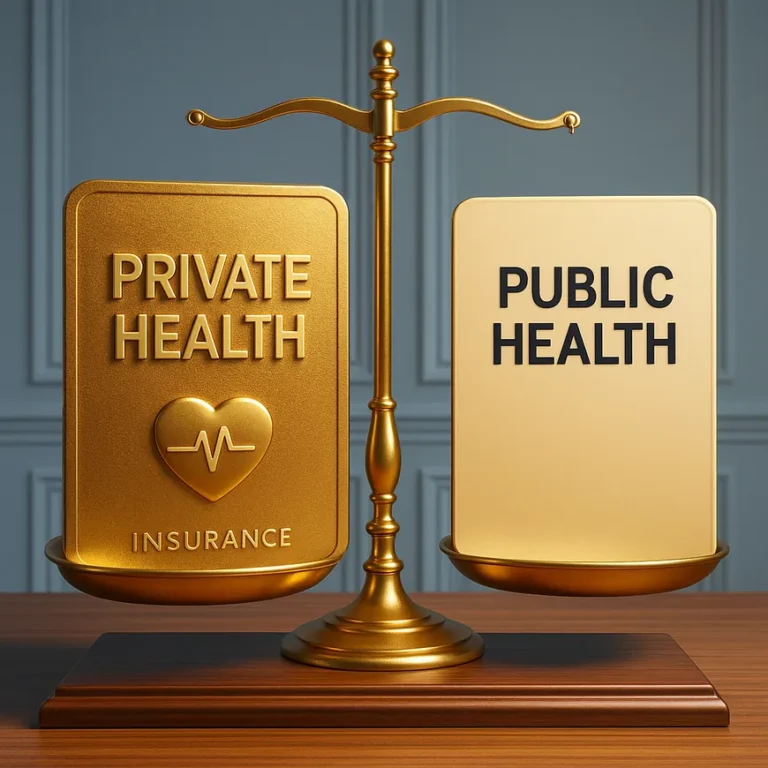 מה ההבדל בין ביטוח בריאות פרטי לקופת חולים – איור של מאזני זהב עם הכיתובים Private Health ו-Public Health, שממחיש השוואה בין ביטוח בריאות פרטי למערכת בריאות ציבורית
